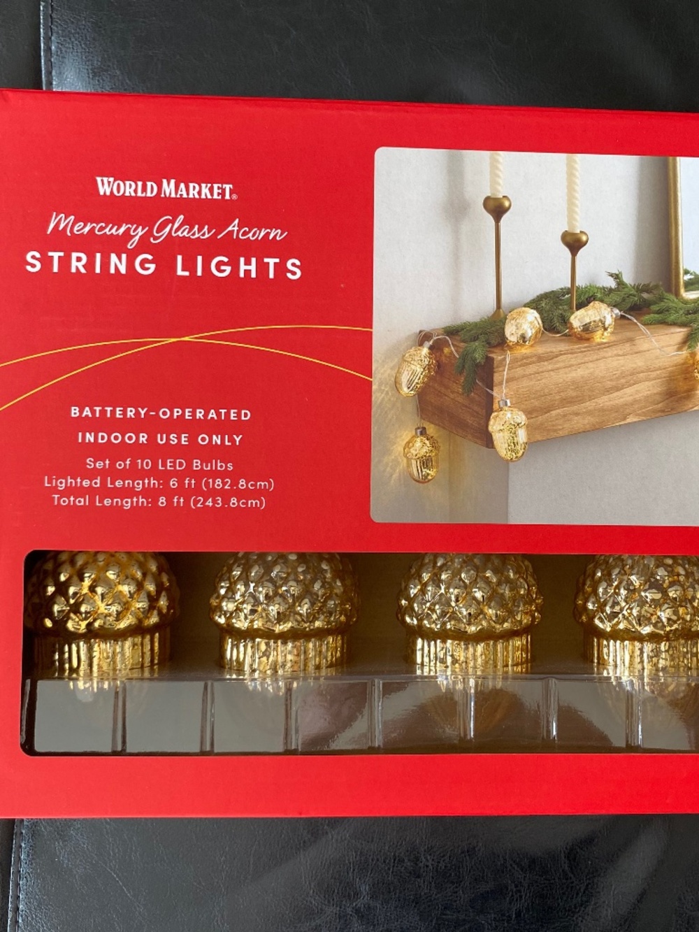World Market Mercury Glass Acorn String Lights 10 LED Bulbs * NEW IN BOX *